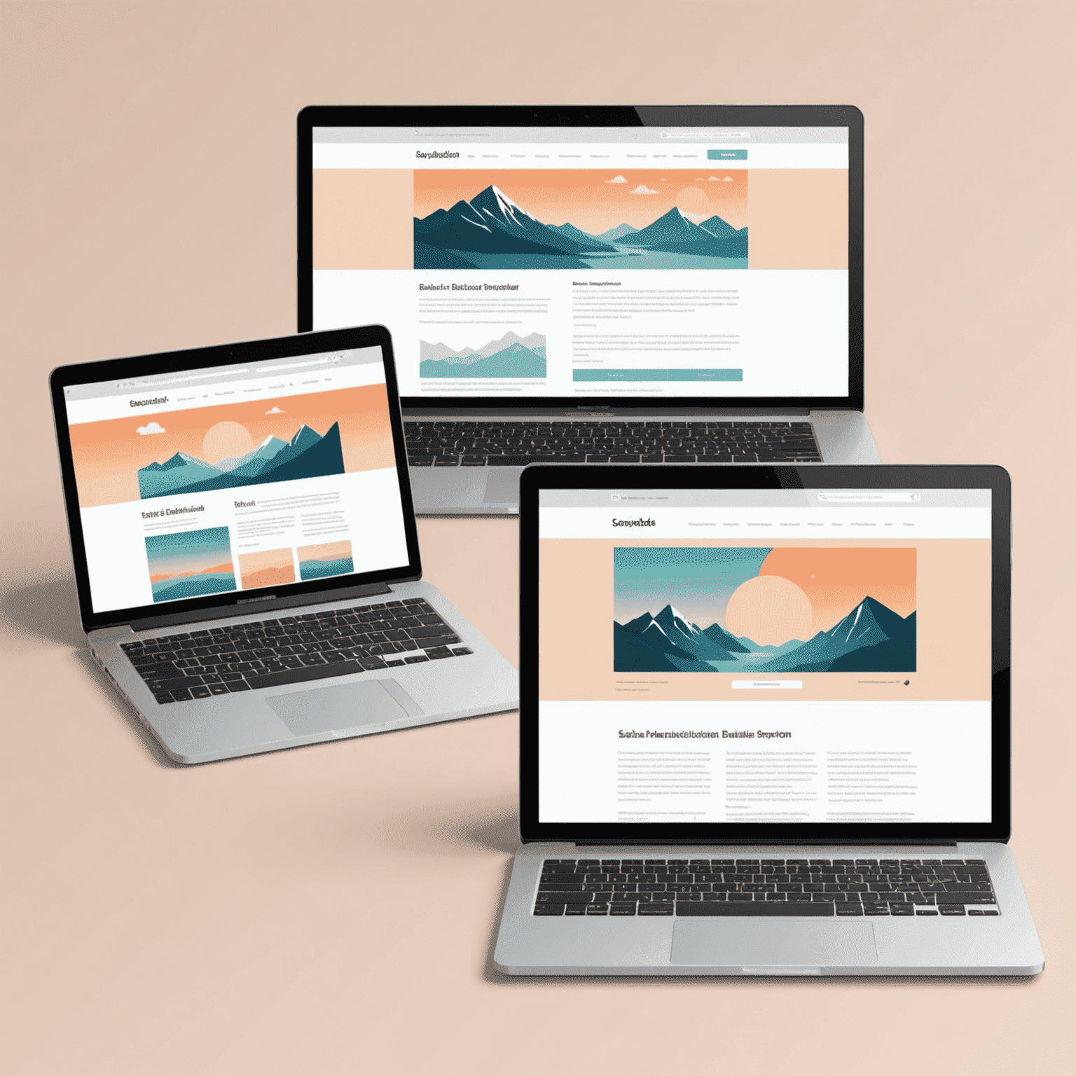 Иллюстрация адаптивного дизайна: ноутбук, планшет и смартфон с одинаковым веб-сайтом на экранах, выполненная в скандинавском стиле с тонкими линиями и пастельными тонами