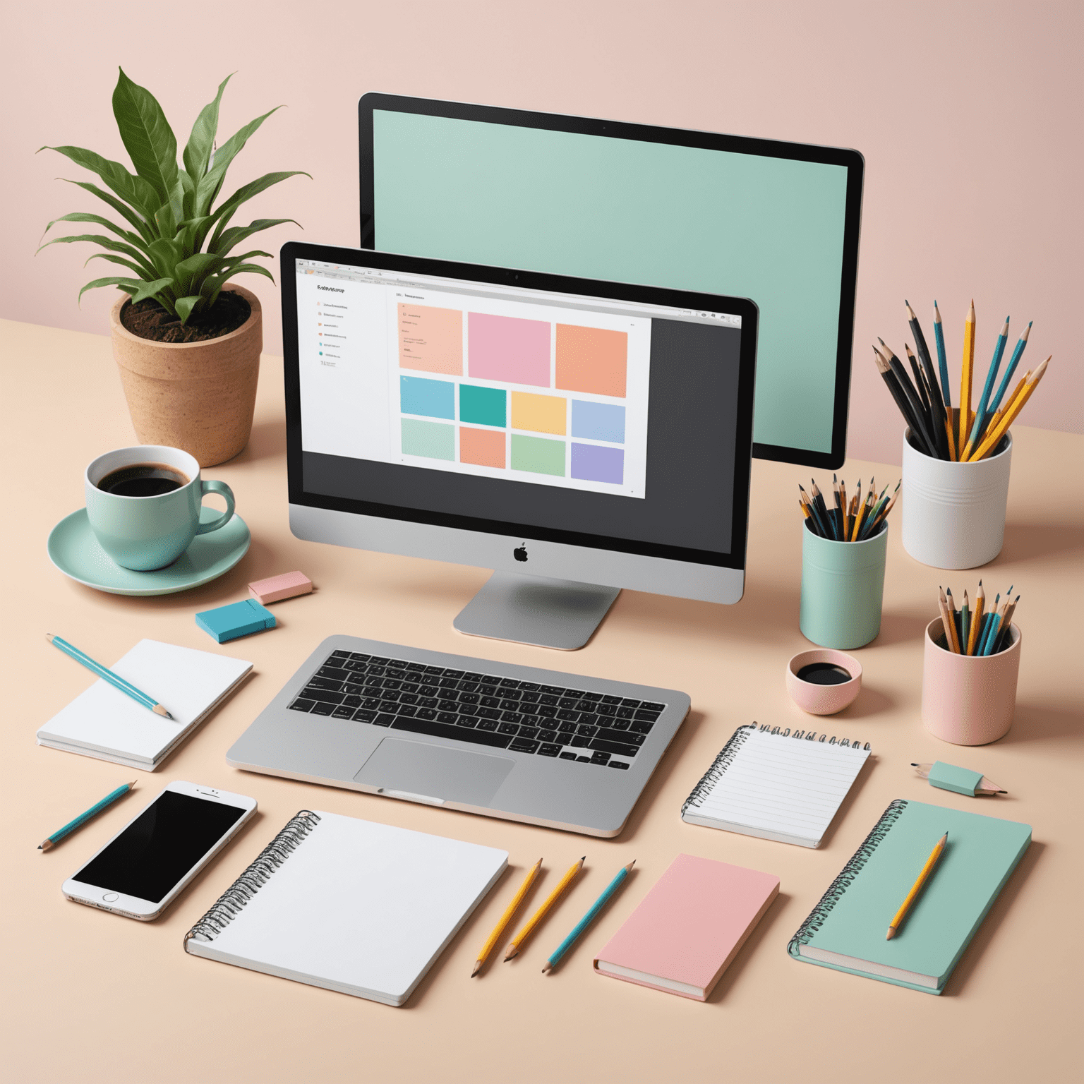 Иллюстрация рабочего стола веб-дизайнера с компьютером, блокнотом и карандашами. Изображение в пастельных тонах с элементами скандинавского стиля.